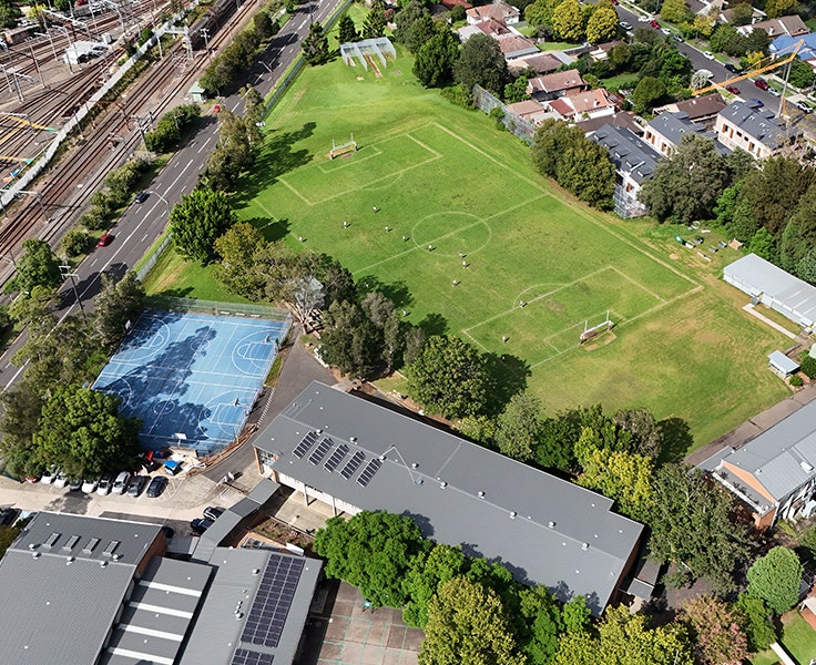 Drone image of our oval, basketball court and some of our classrooms.