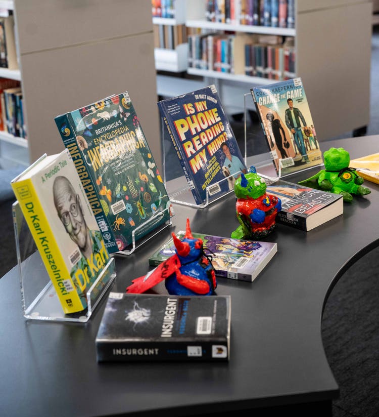 An image of some of the books and artwork on display as you walk into our school library.