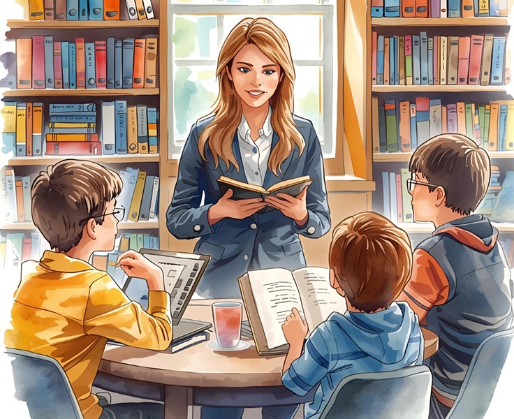 An AI-generated image of three students and their teacher reading a book in a library.