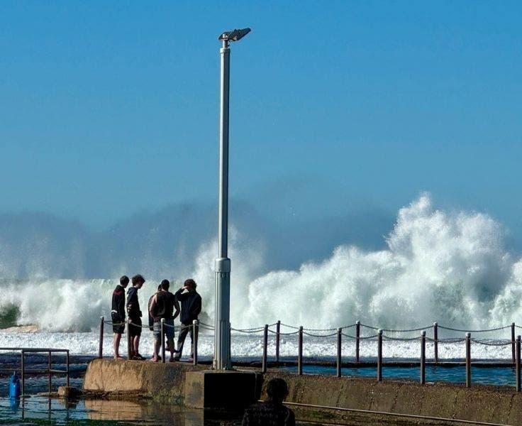 A group of students on a biology excursion to the beach with high waves in the background.